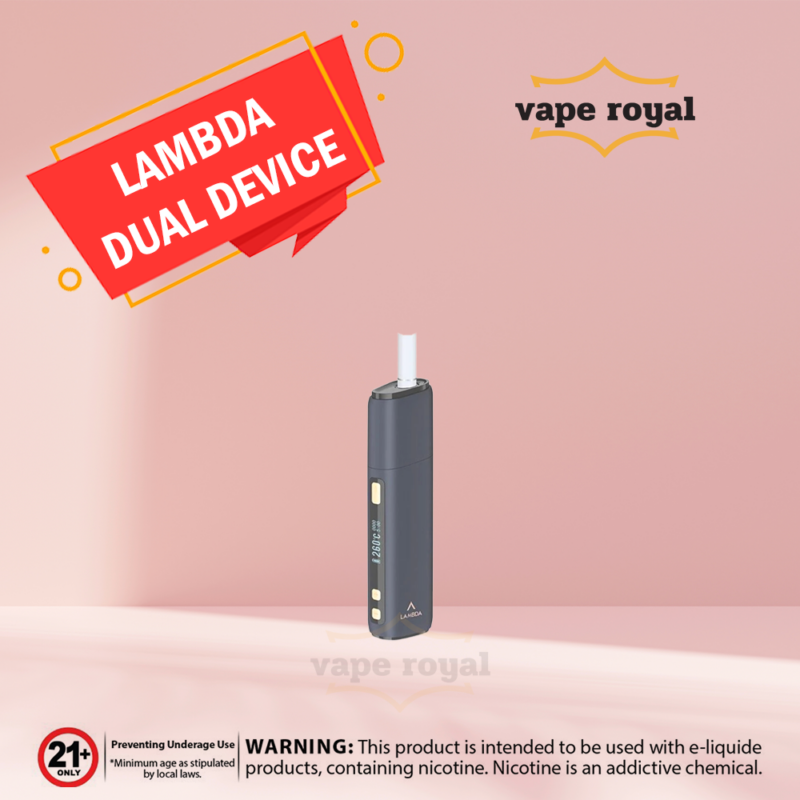 LAMBDA DUAL HNB DARK GRAY DEVICE IN UAE LAMBDA DUAL HNB DARK GRAY DEVICE is a Heating blade version. The new LAMBDA Dual Heat Not Burn device Is An OLED Display, Compatible with All HEETS & Marlboro Heatsticks. LAMBDA DUAL HNB DARK GRAY DEVICE with Adjustable Temp and Smoking Time. Its appearance design is fashionable and beautiful, small, and convenient to carry. With an OLED HD display, you can see the data of each function clearly, which is suitable for operation. 3200mah battery, which can be used long after charging, supports 40 sticks. Magnetic cover, easy to take out the used cigarette sticks. With titanium steel alloy heating blade, more security. Type-C charge port, more quickly and efficiently. This is a new type of heating and non-combustion equipment, which is very worthy of your possession and use. FEATURES OF LAMBDA DUAL HNB DARK GRAY DEVICE: With OLED Display, unambiguous! 200-300 ℃ smoking temperature is adjustable; all is in your control! 3 – 6 minutes of smoking time is flexible, satisfying the desire to smoke! With a titanium steel alloy heating blade, it NEVER breaks; no worry! With a 3200mAh battery, it supports the use of about 40 heatsticks, and it is super durable! Auto cleaning and super ample heating space make the cleaning simple and convenient! Type-C charge port, more quickly and efficiently! Embedded magnetic cap, easy to take out burned heatsticks! Color: White, Red, Grey, Green, Gold LAMBDA DUAL HNB DARK GRAY DEVICE SPECIFICATIONS Item No: Dual Heating Type: Titanium Steel Alloy Heating Blade/Rod LED Display: Yes Working Temp: 200-300 °C adjustable Smoking Time: 3-6 mins adjustable Battery Capacity: 3200mAh Input Voltage:5V/ 2A Charging time: About 2.5 hrs Smoking Times: 35-40times(Full Charge) Product Size: 107*29.3*21.5mm Weight: 85g Material: Aluminum Alloy + PC+PA66+PEE The LAMBDA DUAL HNB DARK GRAY DEVICE to behold, from its beautiful aesthetics to its core functions and everything in between. Enjoy up to 40 heat sticks on a single charge. VAPE ROYALE
