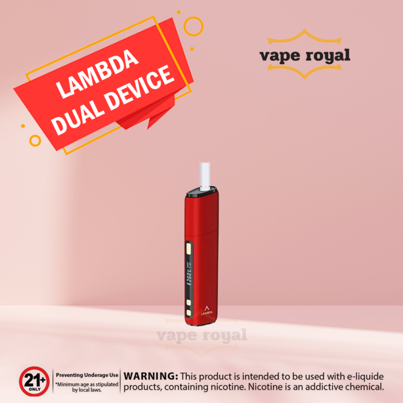 LAMBDA DUAL HNB RED DEVICE IN UAE LAMBDA DUAL HNB RED DEVICE is a Heating blade version. The new LAMBDA Dual Heat Not Burn device Is An OLED Display, Compatible with All HEETS & Marlboro Heatsticks. LAMBDA DUAL HNB RED DEVICE with Adjustable Temp and Smoking Time. Its appearance design is fashionable and beautiful, small, and convenient to carry. With an OLED HD display, you can see the data of each function clearly, which is suitable for operation. 3200mah battery, which can be used long after charging, supports 40 sticks. Magnetic cover, easy to take out the used cigarette sticks. With titanium steel alloy heating blade, more security. Type-C charge port, more quickly and efficiently. This is a new type of heating and non-combustion equipment, which is very worthy of your possession and use. FEATURES OF LAMBDA DUAL HNB RED DEVICE: With OLED Display, unambiguous! 200-300 ℃ smoking temperature is adjustable; all is in your control! 3 – 6 minutes of smoking time is flexible, satisfying the desire to smoke! With a titanium steel alloy heating blade, it NEVER breaks; no worry! With a 3200mAh battery, it supports the use of about 40 heatsticks, and it is super durable! Auto cleaning and super ample heating space make the cleaning simple and convenient! Type-C charge port, more quickly and efficiently! Embedded magnetic cap, easy to take out burned heatsticks! Color: White, Red, Grey, Green, Gold LAMBDA DUAL HNB RED DEVICE SPECIFICATIONS Item No: Dual Heating Type: Titanium Steel Alloy Heating Blade/Rod LED Display: Yes Working Temp: 200-300 °C adjustable Smoking Time: 3-6 mins adjustable Battery Capacity: 3200mAh Input Voltage:5V/ 2A Charging time: About 2.5 hrs Smoking Times: 35-40times(Full Charge) Product Size: 107*29.3*21.5mm Weight: 85g Material: Aluminum Alloy + PC+PA66+PEE The LAMBDA DUAL HNB RED DEVICE to behold, from its beautiful aesthetics to its core functions and everything in between. Enjoy up to 40 heat sticks on a single charge. VAPE ROYALE