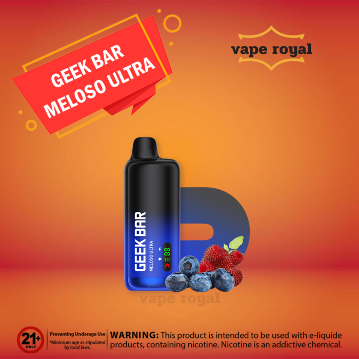 GEEK BAR MELOSO ULTRA 10000 DISPOSIBLE VAPE Geek Bar Meloso Ultra 10000 puffs by Geek Bar, a new disposable vape addition, is available now in Dubai UAE with 10 unique flavors, which are so delicious and can give you complete satisfaction in each vaping period. You must find your favorite flavors in them. THE GEEK BAR MELOSO ULTRA 10000 puffs have 18ml pre-filled e-liquid, and it will serve you up to 10000 satisfying puffs with 50mg nicotine strength. The Geek Bar Meloso Ultra 10000 puffs vape version is rechargeable. It has a Type-C charging port and an inbuilt 630mAh battery. The Meloso Ultra is durable, easy to carry, and reliable. The Geek Bar vape device is so lovely in design, too. It can easily suit your daily dashing life and can boost your mind, too. Nice color coating and smooth device shape are two more good things in Geek Bar 10000 puffs disposable vape. Moreover, the Geek Bar 10000 puffs have a dual mesh coil. So, it will provide you with the best strength in the puffs and obviously will create a better taste from the pre-filled e-juice. The most attractive thing about Geek Bar 10000 Puffs is it has an intelligent LED monitor, showing you the remaining battery and e-liquid percentage. GEEK BAR VAPE Features: Prefilled Capacity: TBD Battery Capacity: Integrated Battery Max Puffs: 10000 Nicotine Strength: 5% (50mg) Operation: Draw-Activated Heating Element: Dual Mesh Coil Charging: Type-C Port Adjustable Airflow Smart LED Display GEEK BAR VAPE Flavors Banana Ice Cream Blue Razz Ice Blueberry Ice Blueberry Sour Raspberry Chocolate Mint Ice Cream Cool Mint Cream Tobacco Double Apple Ice Energy Drink Ice Fuji Melon Ice Grape Ice Green Tea Ice Juicy Peach Lemon Mint Mexico Mango Mexico Mango Ice Nectarine Peach Mango Watermelon Pineapple Apple Pear Pineapple Coconut Ice Sour Apple Ice Stone Freeze Strawberry Bubble Ice Tropical Rainbow Blast Watermelon Ice Watermelon Strawberry Coconut Enjoy a smooth and delicious vape with our Dual Mesh technology, heating your e-liquid evenly for a consistently rich flavor. No more dry hits, only maximum flavor and vapor production. Our ergonomic design offers both comfort and style, fitting perfectly in your hand and providing a satisfying grip.