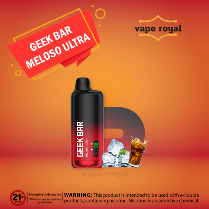 GEEK BAR MELOSO ULTRA 10000 DISPOSIBLE VAPE Geek Bar Meloso Ultra 10000 puffs by Geek Bar, a new disposable vape addition, is available now in Dubai UAE with 10 unique flavors, which are so delicious and can give you complete satisfaction in each vaping period. You must find your favorite flavors in them. THE GEEK BAR MELOSO ULTRA 10000 puffs have 18ml pre-filled e-liquid, and it will serve you up to 10000 satisfying puffs with 50mg nicotine strength. The Geek Bar Meloso Ultra 10000 puffs vape version is rechargeable. It has a Type-C charging port and an inbuilt 630mAh battery. The Meloso Ultra is durable, easy to carry, and reliable. The Geek Bar vape device is so lovely in design, too. It can easily suit your daily dashing life and can boost your mind, too. Nice color coating and smooth device shape are two more good things in Geek Bar 10000 puffs disposable vape. Moreover, the Geek Bar 10000 puffs have a dual mesh coil. So, it will provide you with the best strength in the puffs and obviously will create a better taste from the pre-filled e-juice. The most attractive thing about Geek Bar 10000 Puffs is it has an intelligent LED monitor, showing you the remaining battery and e-liquid percentage. GEEK BAR VAPE Features: Prefilled Capacity: TBD Battery Capacity: Integrated Battery Max Puffs: 10000 Nicotine Strength: 5% (50mg) Operation: Draw-Activated Heating Element: Dual Mesh Coil Charging: Type-C Port Adjustable Airflow Smart LED Display GEEK BAR VAPE Flavors Banana Ice Cream Blue Razz Ice Blueberry Ice Blueberry Sour Raspberry Chocolate Mint Ice Cream Cool Mint Cream Tobacco Double Apple Ice Energy Drink Ice Fuji Melon Ice Grape Ice Green Tea Ice Juicy Peach Lemon Mint Mexico Mango Mexico Mango Ice Nectarine Peach Mango Watermelon Pineapple Apple Pear Pineapple Coconut Ice Sour Apple Ice Stone Freeze Strawberry Bubble Ice Tropical Rainbow Blast Watermelon Ice Watermelon Strawberry Coconut Enjoy a smooth and delicious vape with our Dual Mesh technology, heating your e-liquid evenly for a consistently rich flavor. No more dry hits, only maximum flavor and vapor production. Our ergonomic design offers both comfort and style, fitting perfectly in your hand and providing a satisfying grip.
