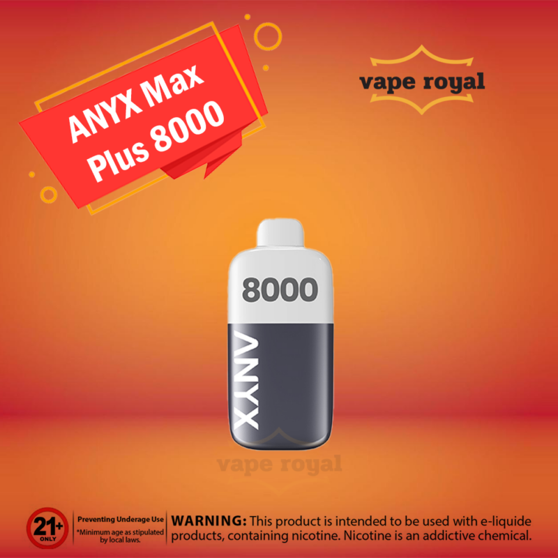 ANYX MAX PLUS 8000 PUFFS DISPOSABLE IN UAE Introducing the ANYX MAX PLUS 8000 PUFFS DISPOSABLE, the epitome of vaping innovation. With an astonishing ANYX MAX PLUS 8000 puffs per Pod, this disposable vape offers an unrivaled and prolonged vaping experience. Featuring a cutting-edge mesh coil, it ensures consistently smooth and flavorful draws with every inhale. Crafted from durable PCTG material, the pod is built to withstand daily use while maintaining a sleek and comfortable feel. The LED indicator provides Puffs visibility. Equipped with a powerful 400mAh Type-C rechargeable battery, the ANYX Plus ensures longevity and convenience. Boasting a potent 5% nicotine concentration guarantees a satisfying hit, closely mimicking the sensation of traditional smoking. The impressive 15ml liquid capacity pod also means long stability, allowing uninterrupted enjoyment. The ANYX MAX PLUS 8000 PUFFS DISPOSABLE closed pod system offers an extended 8000 Puff capacity for maximum vaping enjoyment. Experience unparalleled flavor and satisfaction with the patented Sensit Coil. The sleek, lightweight design includes LED indicators and magnetic pods for easy switching. Elevate your vaping experience with the ANYX MAX 8000 Puffs, a device that sets a new standard in disposable vapes.