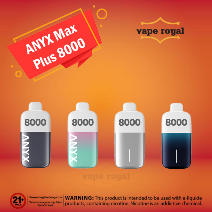 ANYX MAX PLUS 8000 PUFFS DISPOSABLE IN UAE Introducing the ANYX MAX PLUS 8000 PUFFS DISPOSABLE, the epitome of vaping innovation. With an astonishing ANYX MAX PLUS 8000 puffs per Pod, this disposable vape offers an unrivaled and prolonged vaping experience. Featuring a cutting-edge mesh coil, it ensures consistently smooth and flavorful draws with every inhale. Crafted from durable PCTG material, the pod is built to withstand daily use while maintaining a sleek and comfortable feel. The LED indicator provides Puffs visibility. Equipped with a powerful 400mAh Type-C rechargeable battery, the ANYX Plus ensures longevity and convenience. Boasting a potent 5% nicotine concentration guarantees a satisfying hit, closely mimicking the sensation of traditional smoking. The impressive 15ml liquid capacity pod also means long stability, allowing uninterrupted enjoyment. The ANYX MAX PLUS 8000 PUFFS DISPOSABLE closed pod system offers an extended 8000 Puff capacity for maximum vaping enjoyment. Experience unparalleled flavor and satisfaction with the patented Sensit Coil. The sleek, lightweight design includes LED indicators and magnetic pods for easy switching. Elevate your vaping experience with the ANYX MAX 8000 Puffs, a device that sets a new standard in disposable vapes. Size, Look, and Feel First, let’s look at the size of the ANYX MAX PLUS; it seems a little bit taller than ANYX MAX; as the design language remains the same, it feels so handy when I hold it. Amazingly, a small size can provide such a long-lasting and enjoyable experience. I bet you guys want to try it. ANYX MAX PLUS Feature: Pod Capacity: 15ML Magnetic Pod Battery Capacity: 400mAh Type-C Rechargeable Nicotine: 5% Material: PCTG Puffs: 8000 Puffs Mesh Coil Technology ANYX MAX PLUS Flavors: Strawberry Mango Mixed Berries Watermelon Ice Mango Peach Apple Twin Blueberry Refresh White grape Strawberry Watermelon